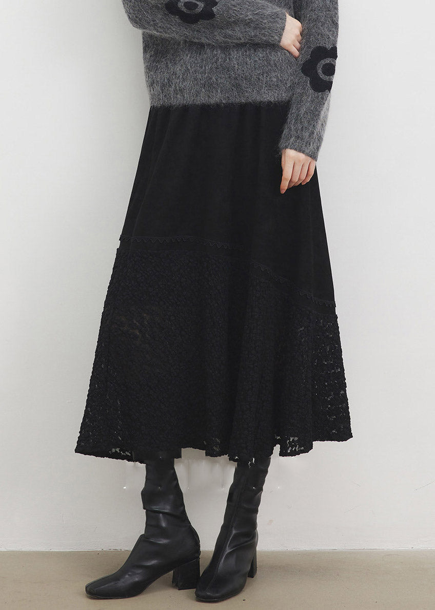 Black Elastic Waist Faux Suede Maxi Skirts