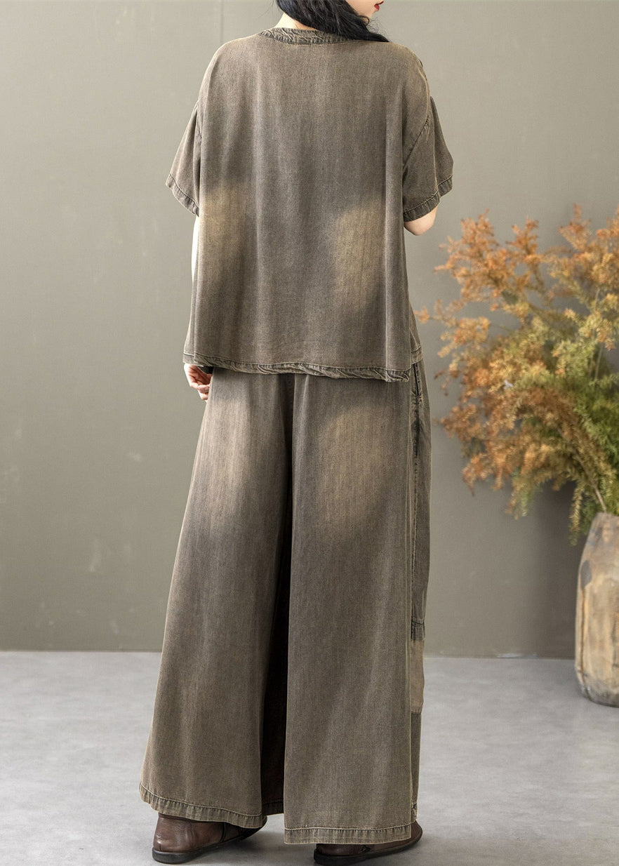 Black Elastic Waist Patchwork Denim Two Pieces Set O Neck Short Sleeve