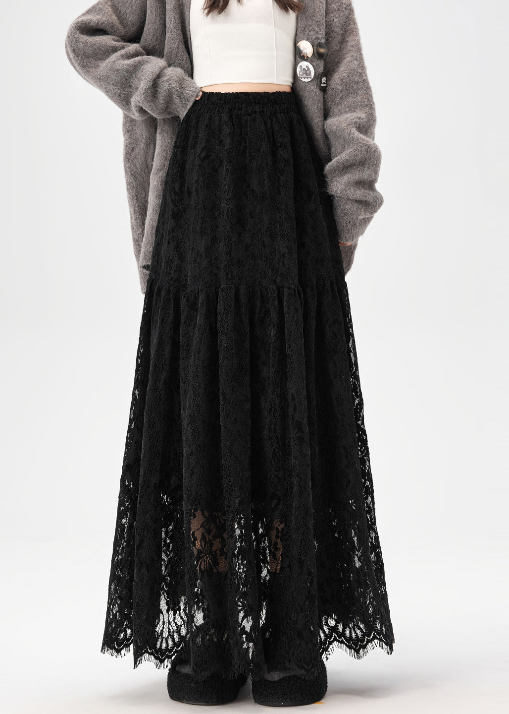 Black Elastic Waist Solid Lace Skirt Hollow Out