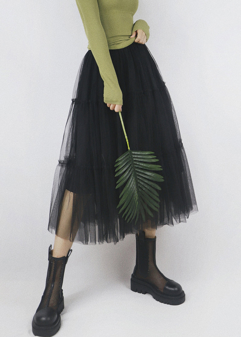 Black Elastic Waist Solid Patchwork Tulle Skirt Ruffled