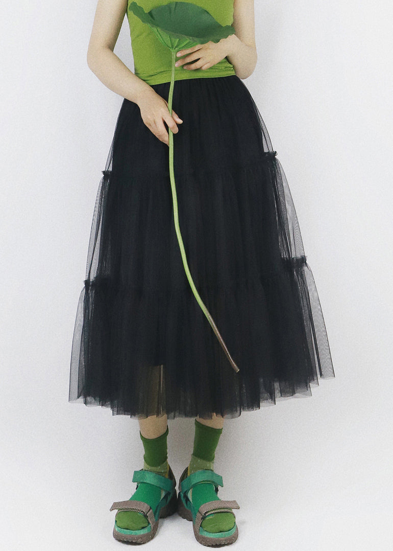 Black Elastic Waist Solid Patchwork Tulle Skirt Ruffled
