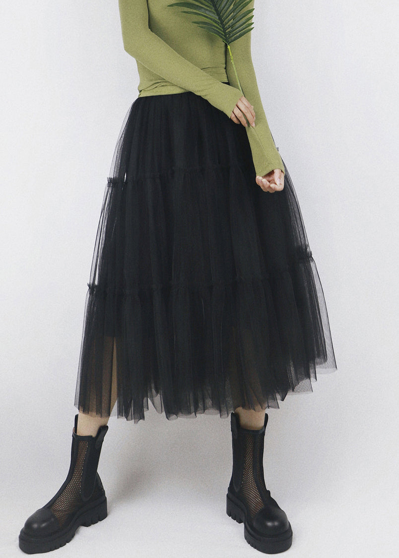 Black Elastic Waist Solid Patchwork Tulle Skirt Ruffled
