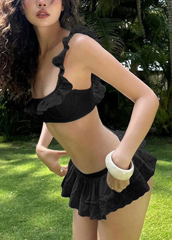 Black Elastic Waist Solid Swimwear Lingerie Set