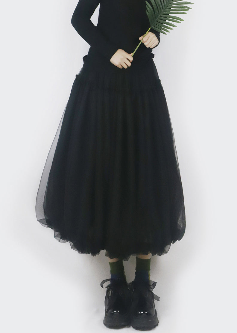 Black Elastic Waist Solid Tulle Bud Skirt Ruffled