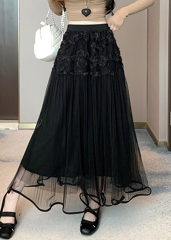 Black Elastic Waist Solid Tulle Summer Skirts Wrinkled