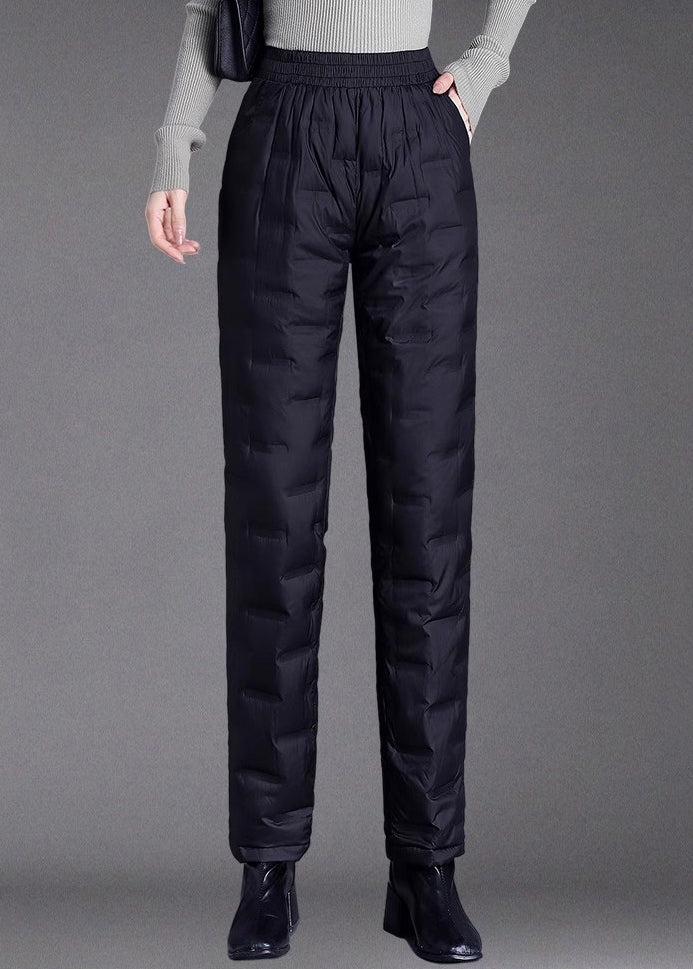 Black Elastic Waist Thick Duck Down Filled Straight Pants Plaid