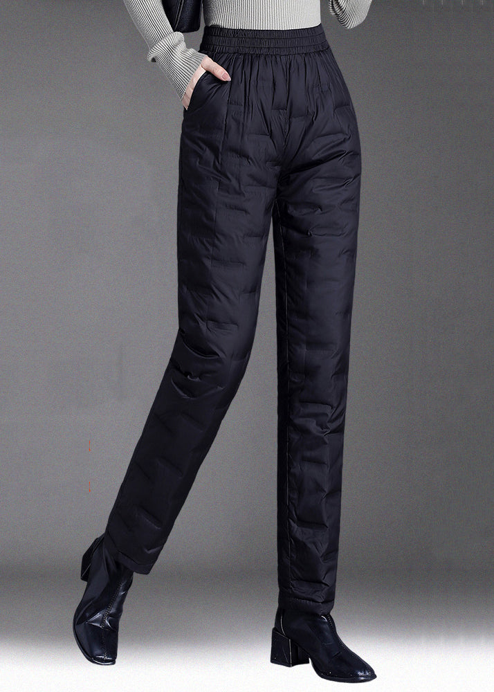 Black Elastic Waist Thick Duck Down Filled Straight Pants Plaid