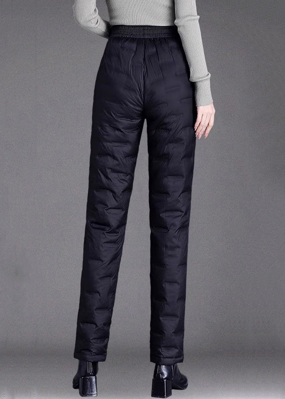 Black Elastic Waist Thick Duck Down Filled Straight Pants Plaid