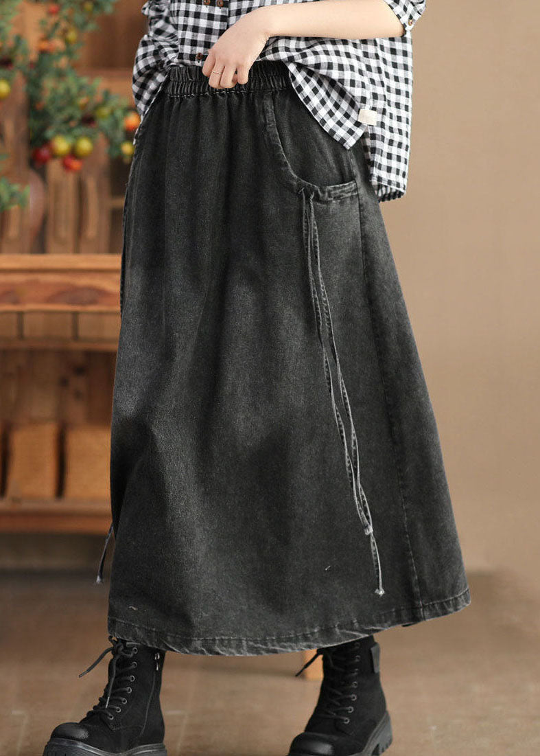Black Elastic Waist Tie Waist Solid A Line Skirt