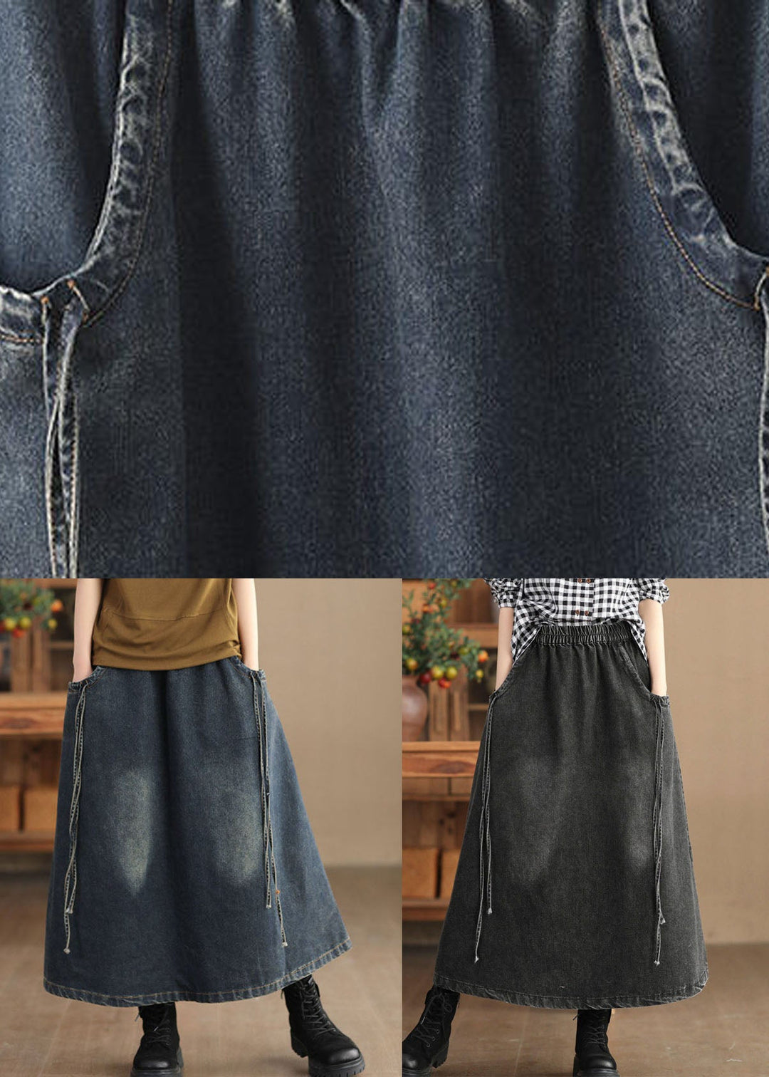 Black Elastic Waist Tie Waist Solid A Line Skirt