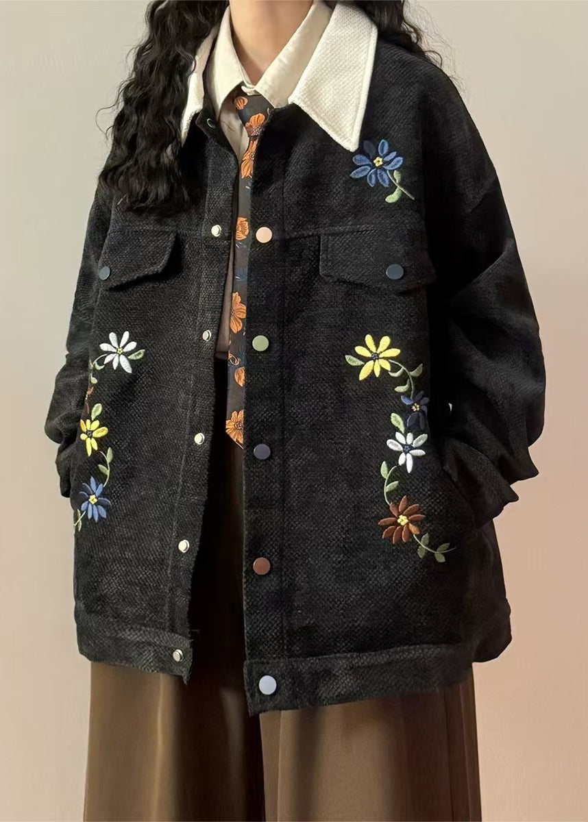 Black Embroidered Button Patchwork Cotton Coats Peter Pan Collar