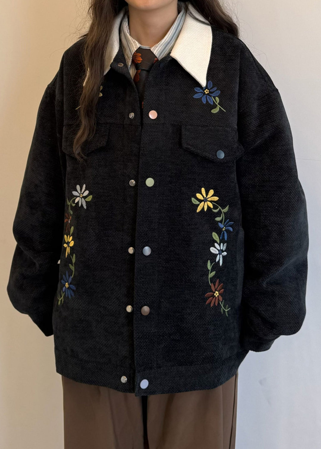 Black Embroidered Button Patchwork Cotton Coats Peter Pan Collar