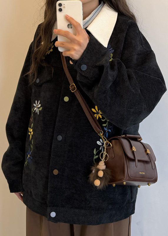 Black Embroidered Button Patchwork Cotton Coats Peter Pan Collar
