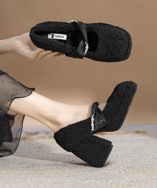 Black Faux Fur Stylish Splicing Chunky High Heels