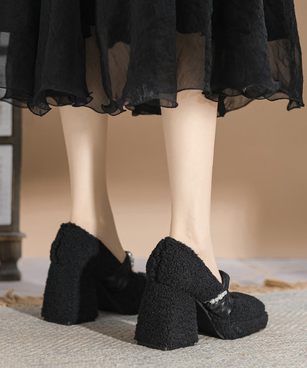Black Faux Fur Stylish Splicing Chunky High Heels