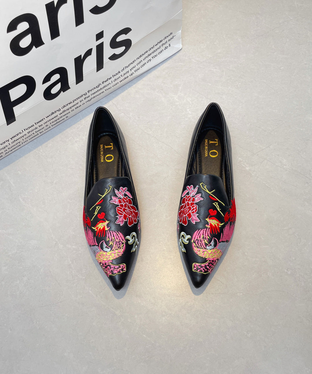 Black Faux Leather Embroidered Flat Shoes Pointed Toe For Women