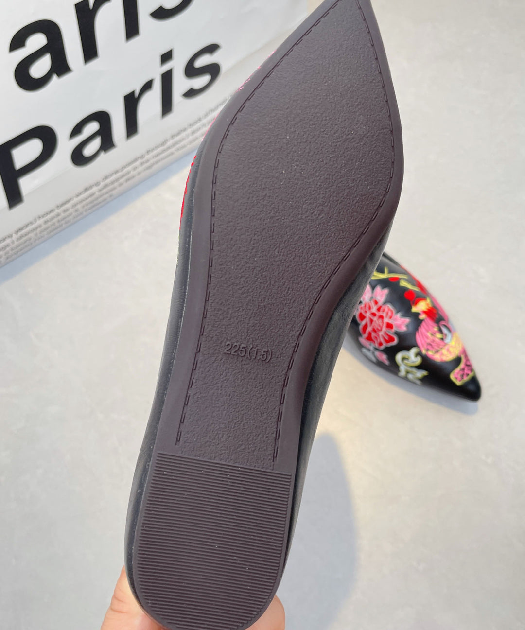 Black Faux Leather Embroidered Flat Shoes Pointed Toe For Women
