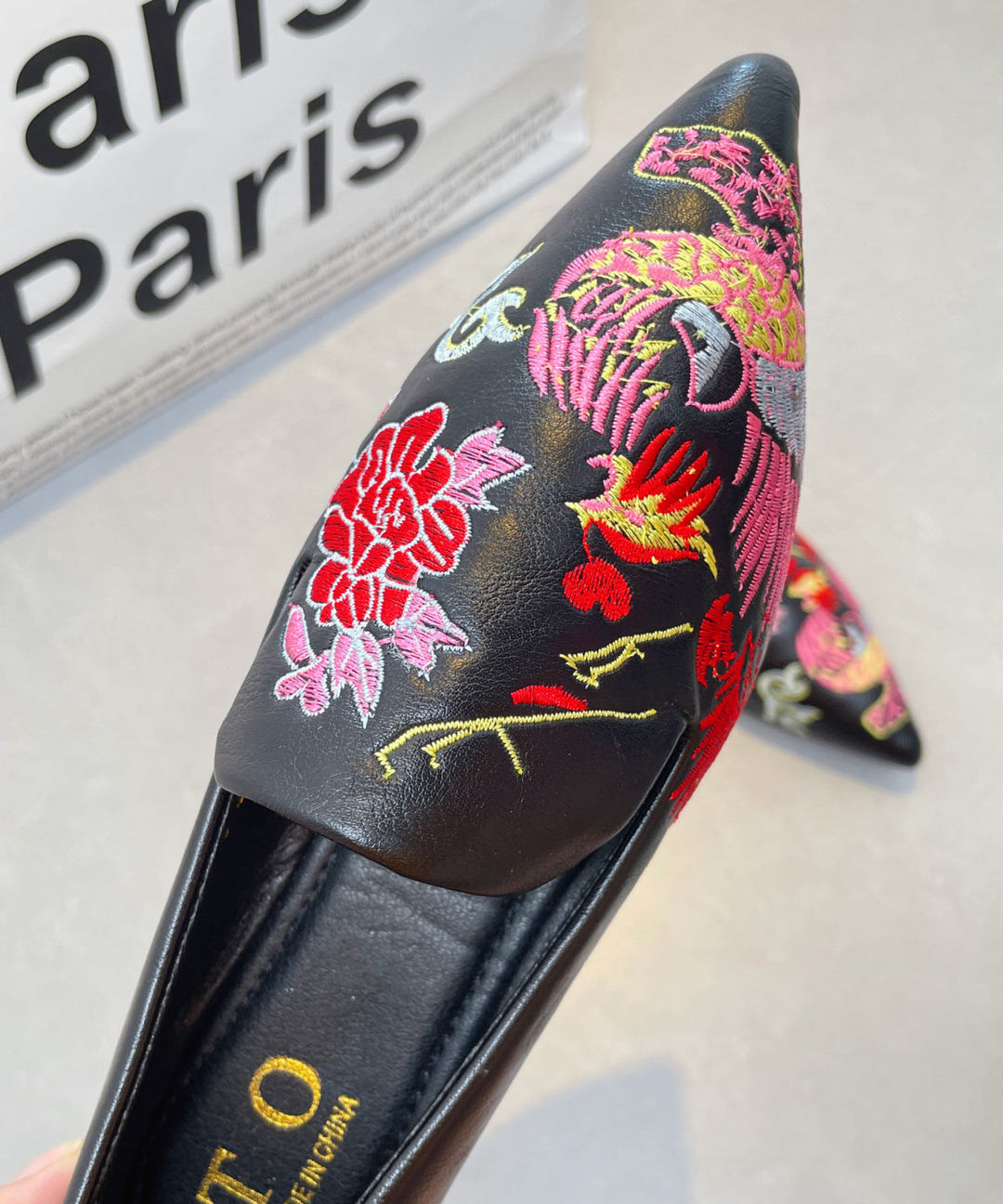 Black Faux Leather Embroidered Flat Shoes Pointed Toe For Women