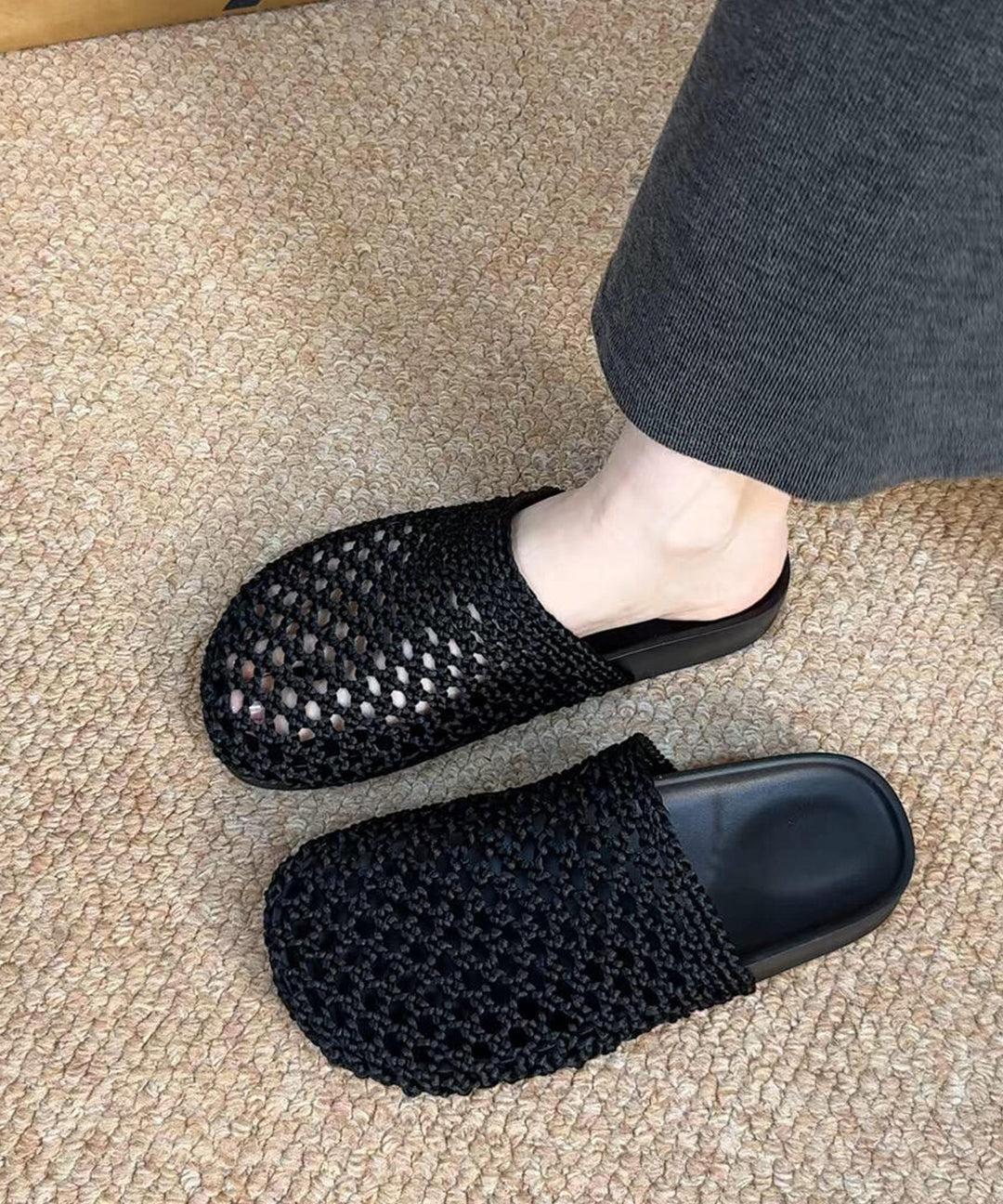 Black Faux Leather Handmade Hollow Out Thong Sandals