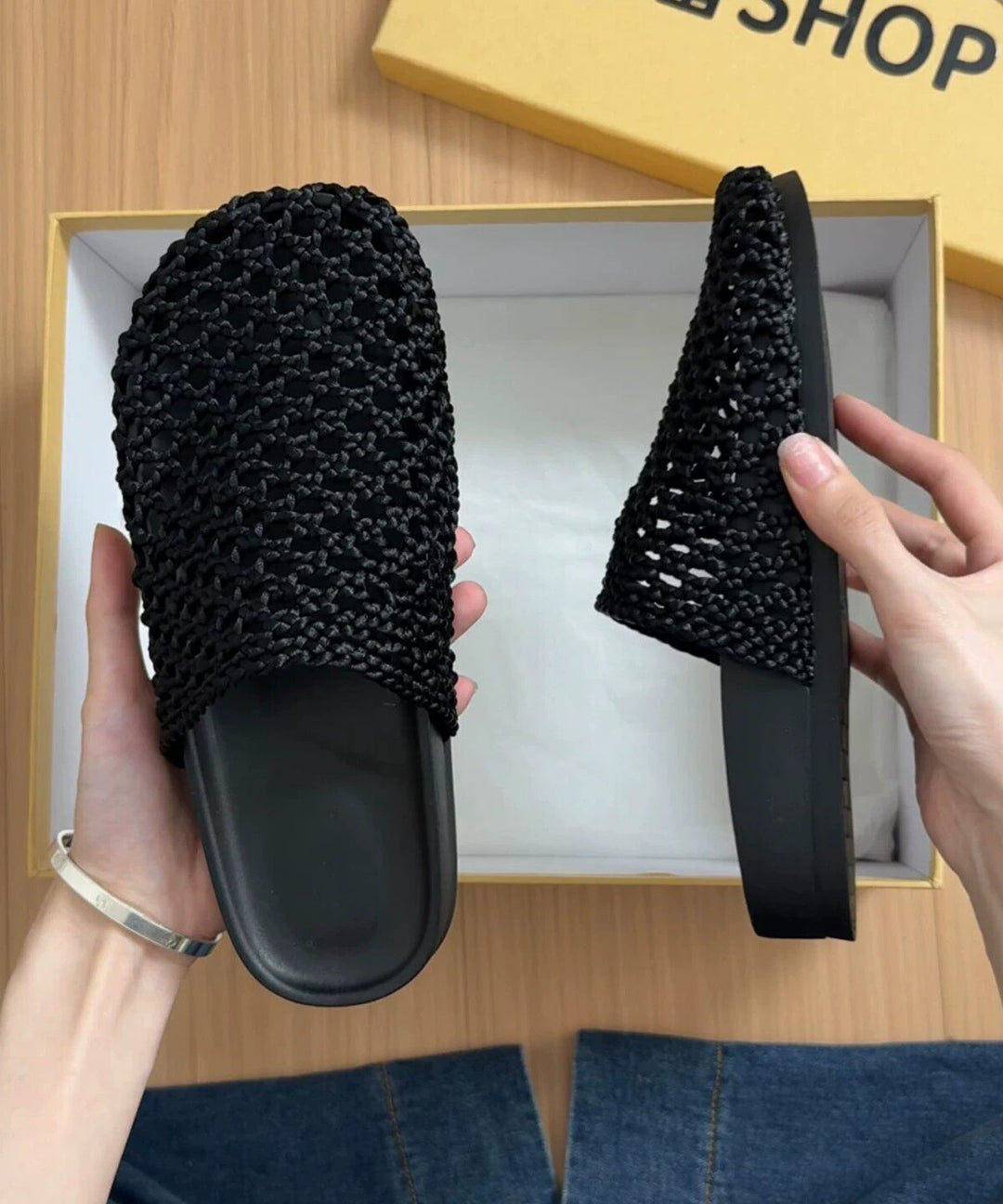 Black Faux Leather Handmade Hollow Out Thong Sandals