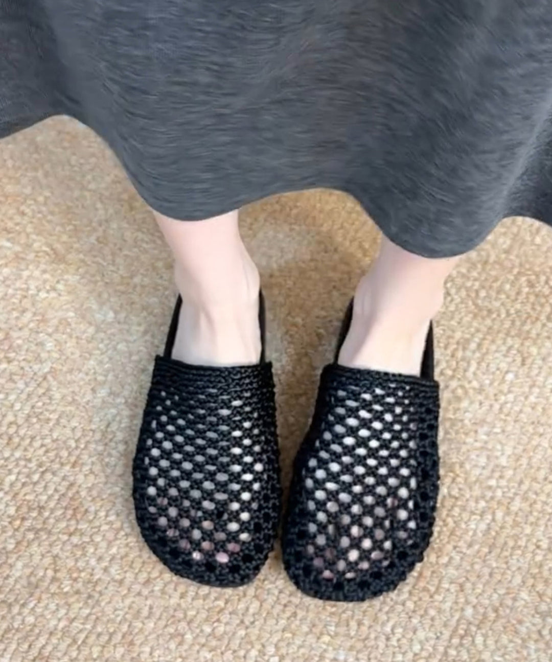 Black Faux Leather Handmade Hollow Out Thong Sandals