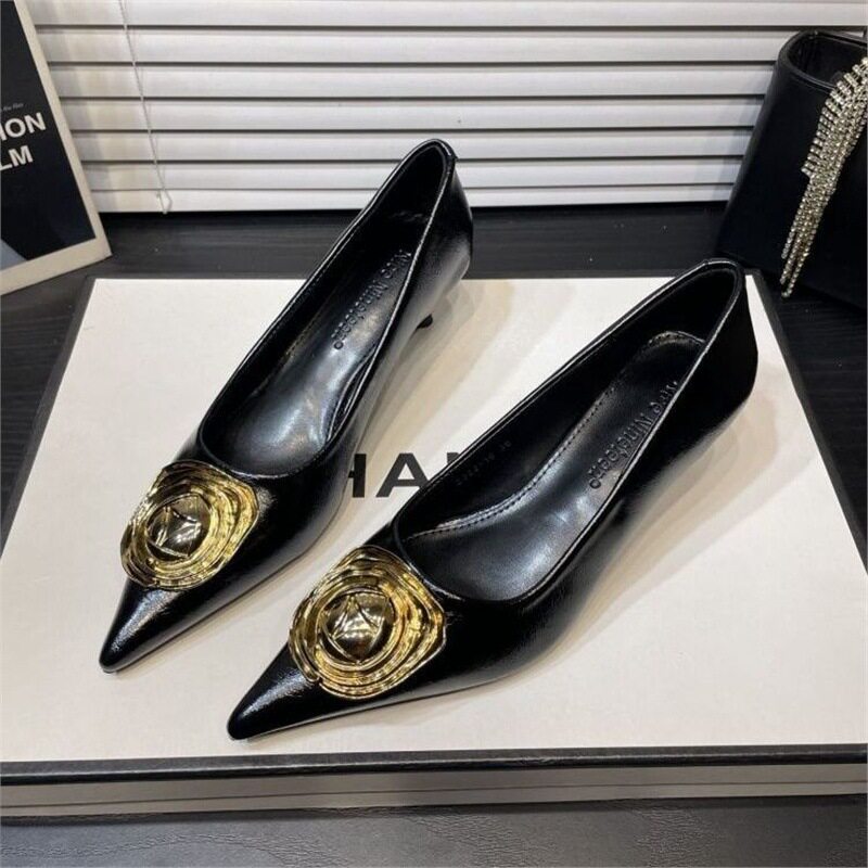 Black Faux Leather High Heels Splicing High Heels Pointed Toe