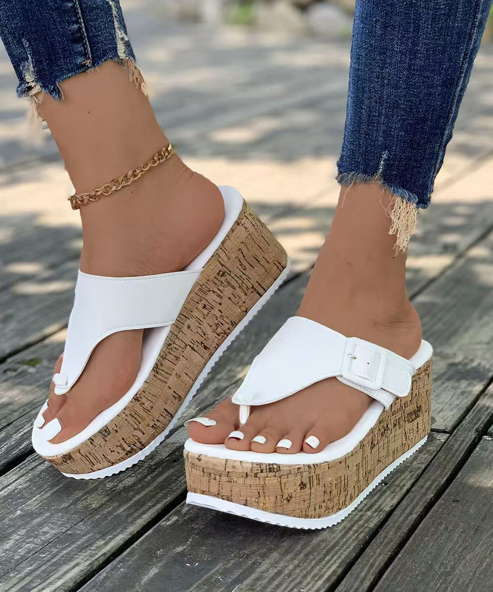 Black Faux Leather Splicing Wedge Heels Flip Flops