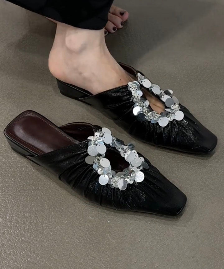 Black Faux Leather Wrinkled Sequins Splicing Slide Sandals