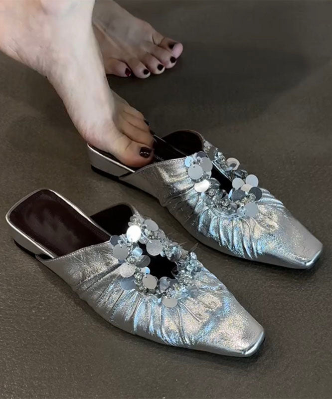 Black Faux Leather Wrinkled Sequins Splicing Slide Sandals
