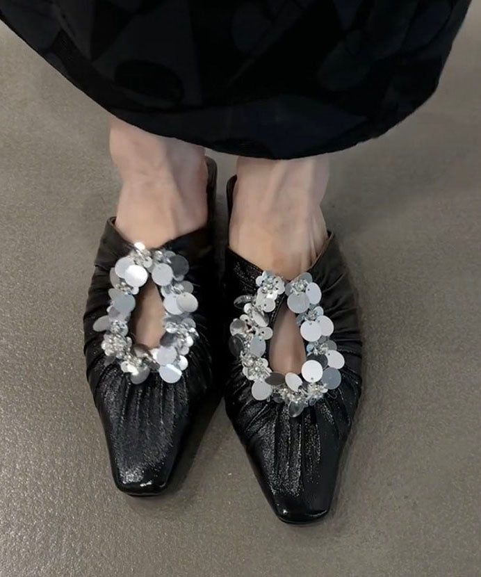Black Faux Leather Wrinkled Sequins Splicing Slide Sandals