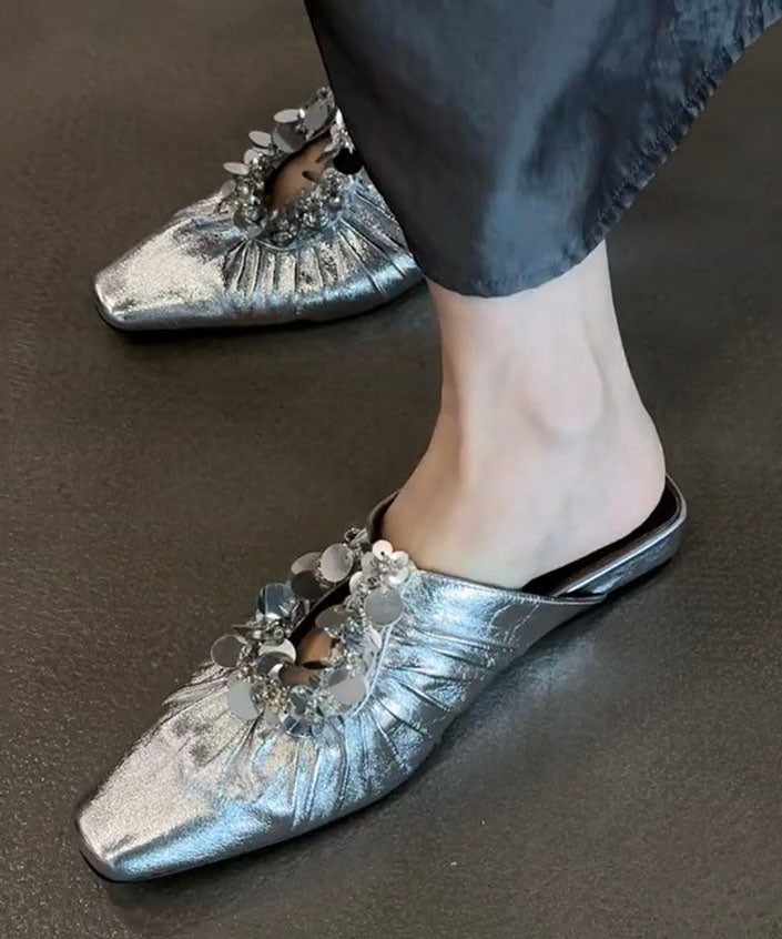 Black Faux Leather Wrinkled Sequins Splicing Slide Sandals