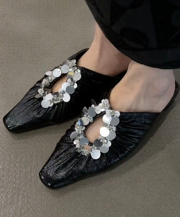 Black Faux Leather Wrinkled Sequins Splicing Slide Sandals