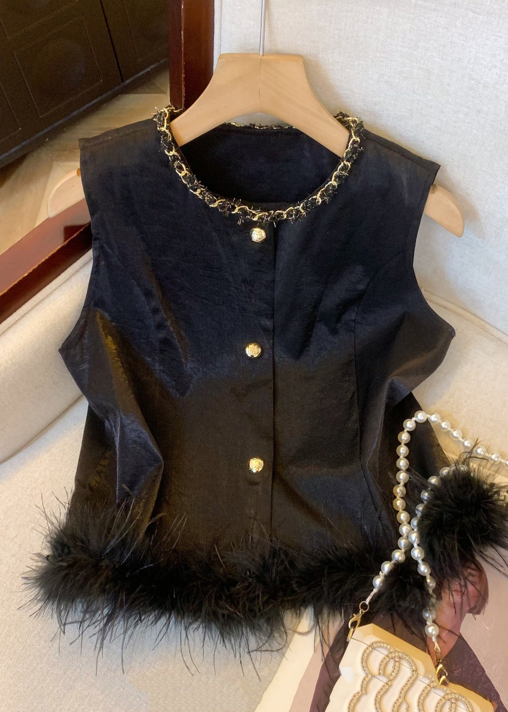 Black Feather Patchwork Waistcoat Sleeveless