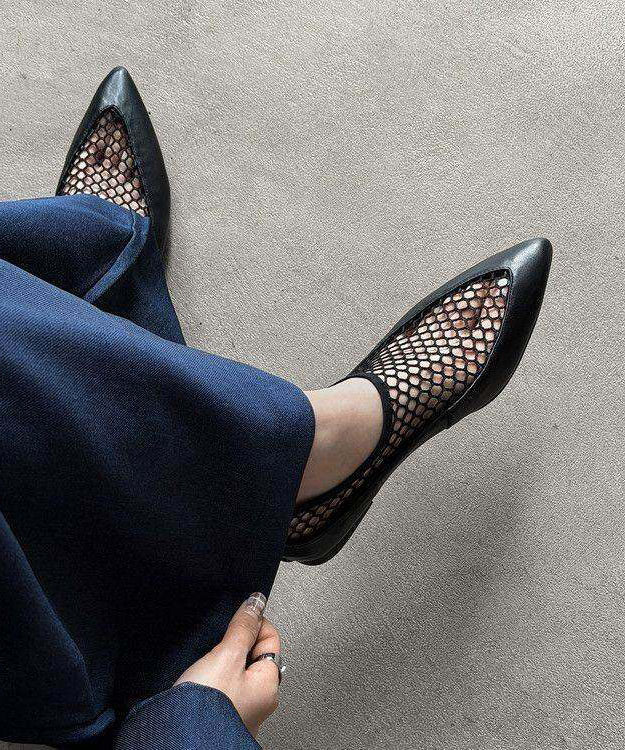 Black Flat Shoes Fashion Tulle Splicing Cowhide Leather Pointed Toe
