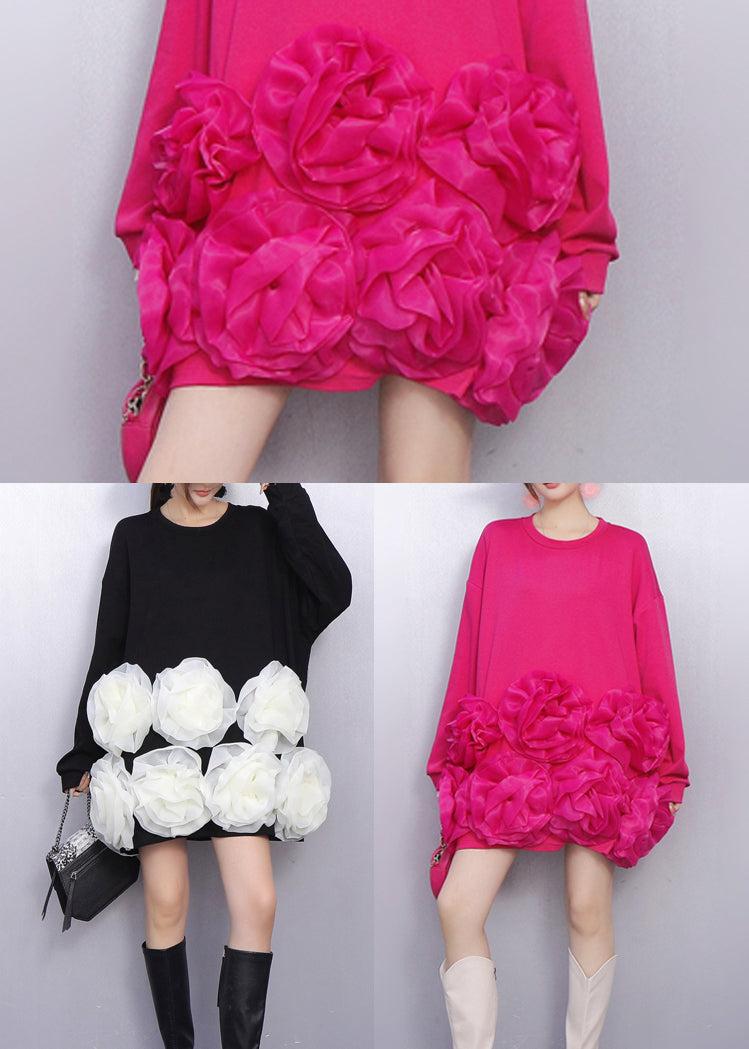 Black Floral Decorated Cotton Mid Dresses Oversized Spring