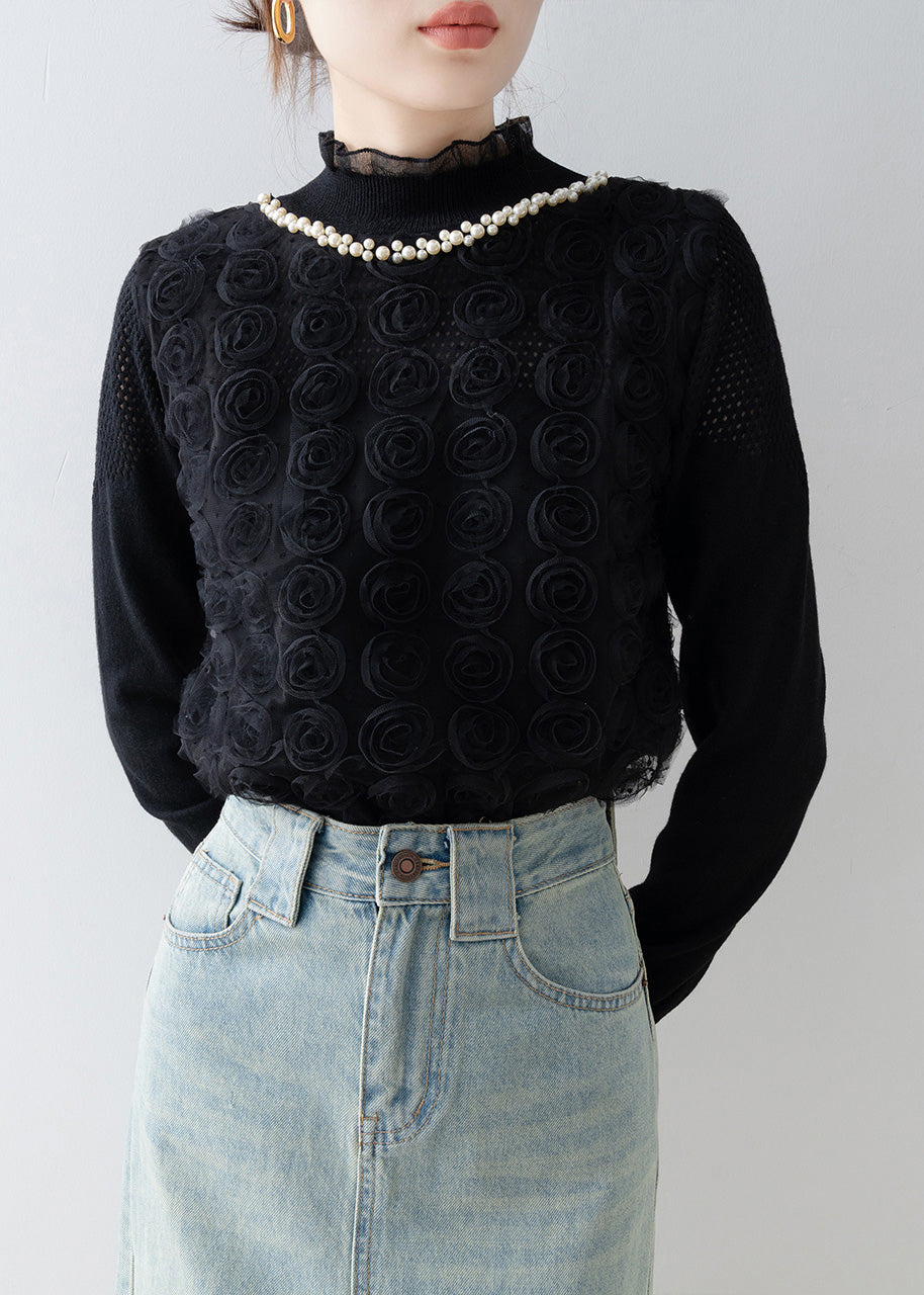 Black Floral Decorated Knit Shirt Top Stand Collar Spring