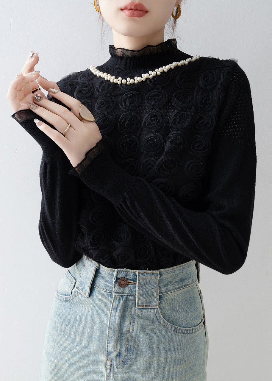Black Floral Decorated Knit Shirt Top Stand Collar Spring