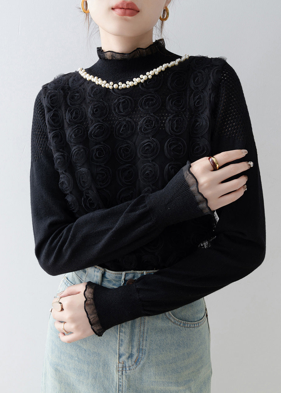 Black Floral Decorated Knit Shirt Top Stand Collar Spring