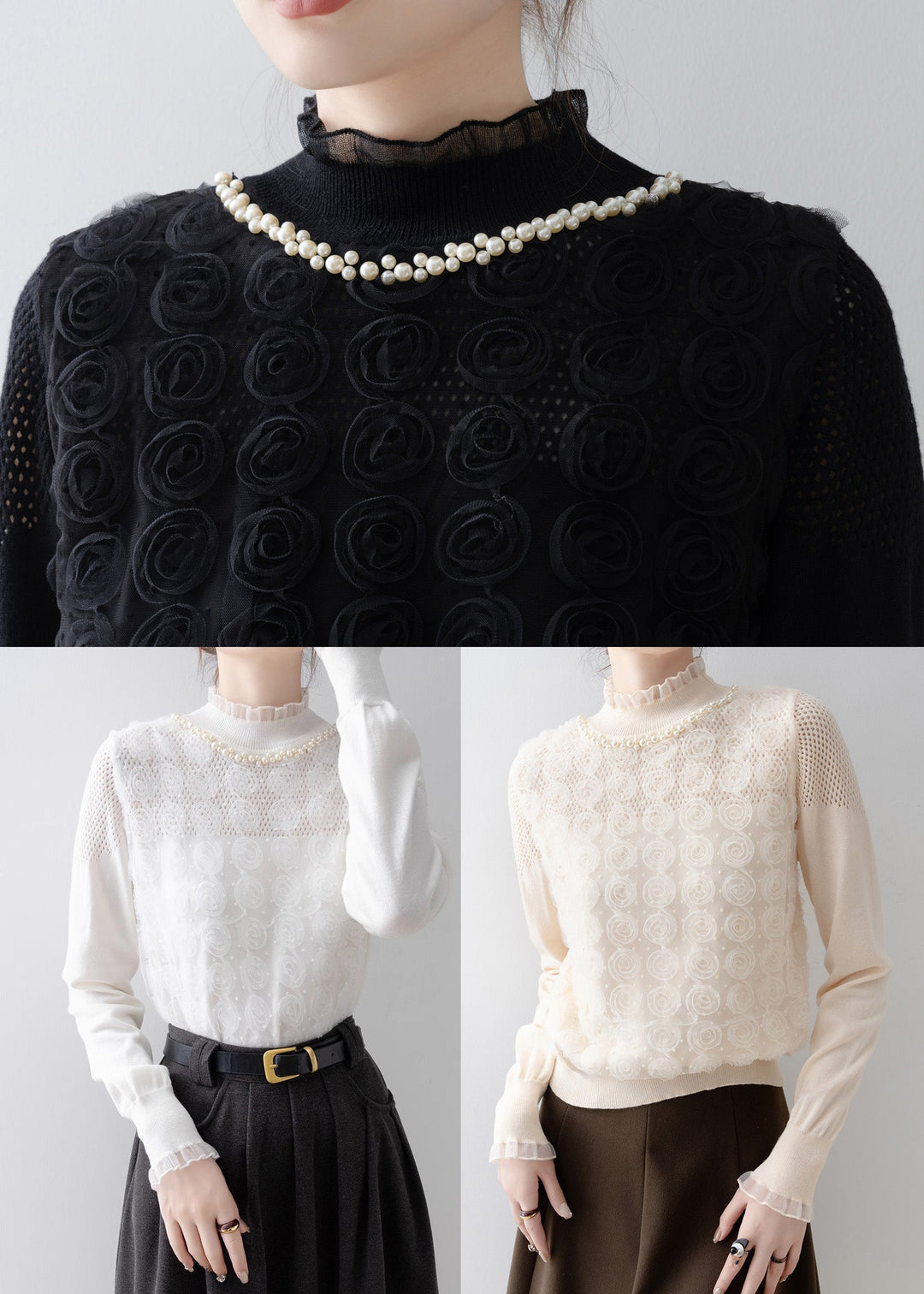 Black Floral Decorated Knit Shirt Top Stand Collar Spring