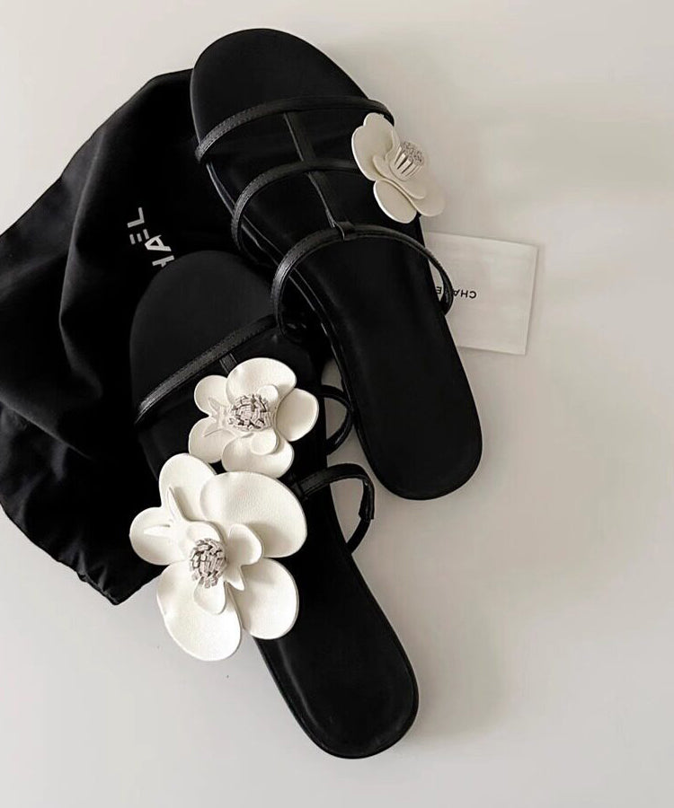 Black Floral Faux Leather Splicing Slide Sandals Peep Toe