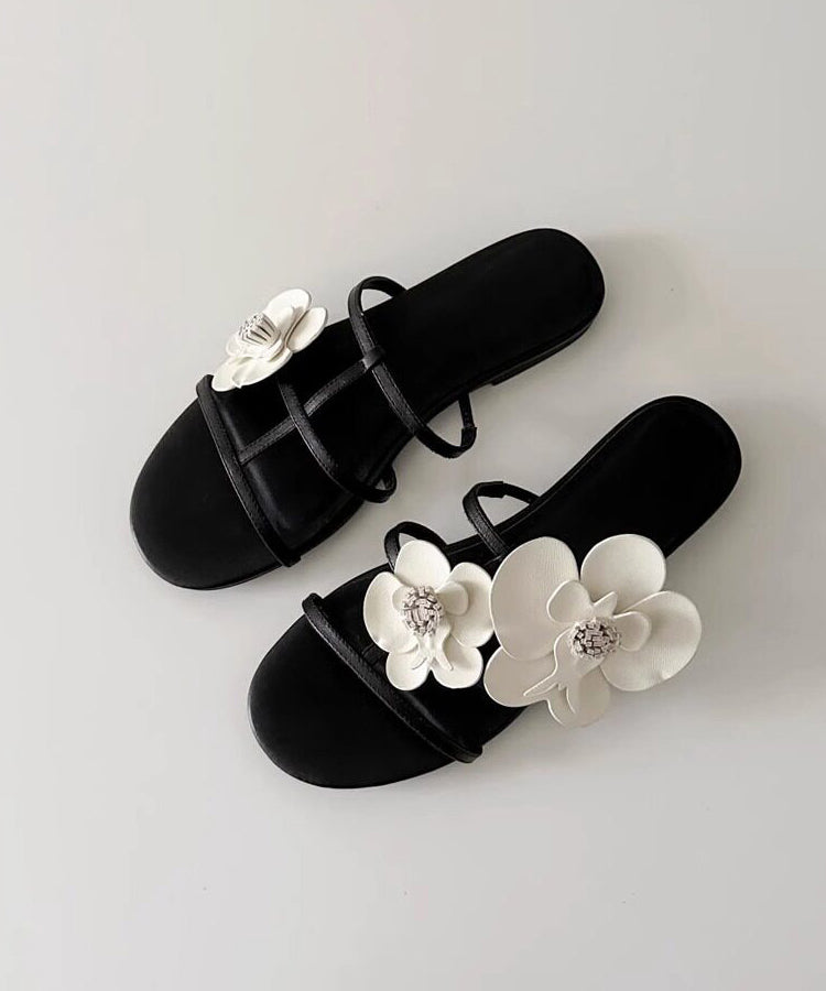 Black Floral Faux Leather Splicing Slide Sandals Peep Toe