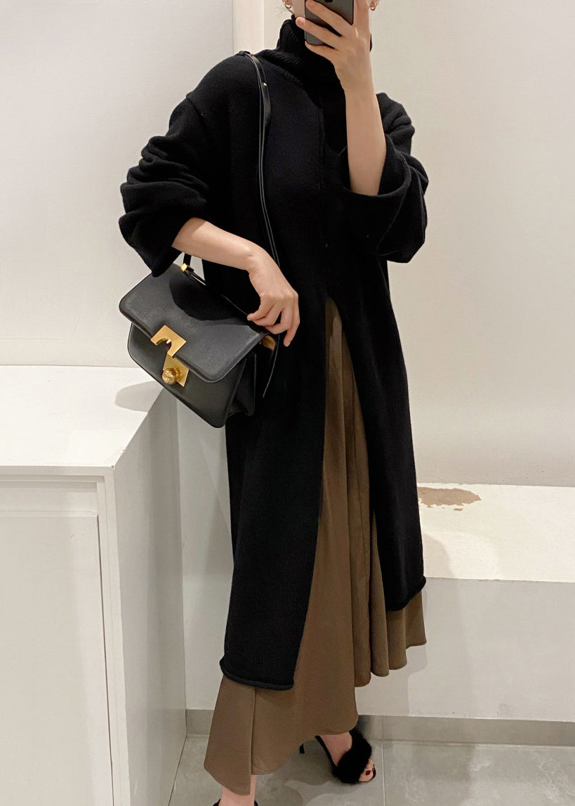 Black Front Open Solid Knit Winter Sweater Dress Turtleneck