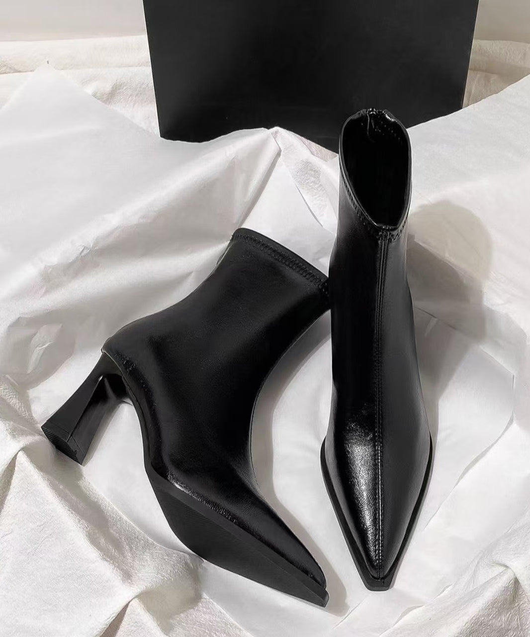 Black High Heel Faux Leather Stylish Splicing Boots