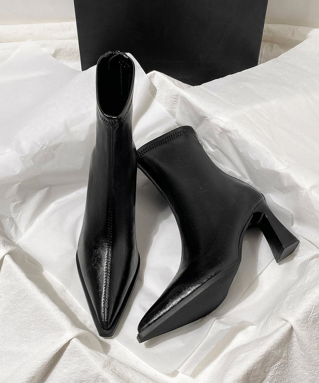 Black High Heel Faux Leather Stylish Splicing Boots