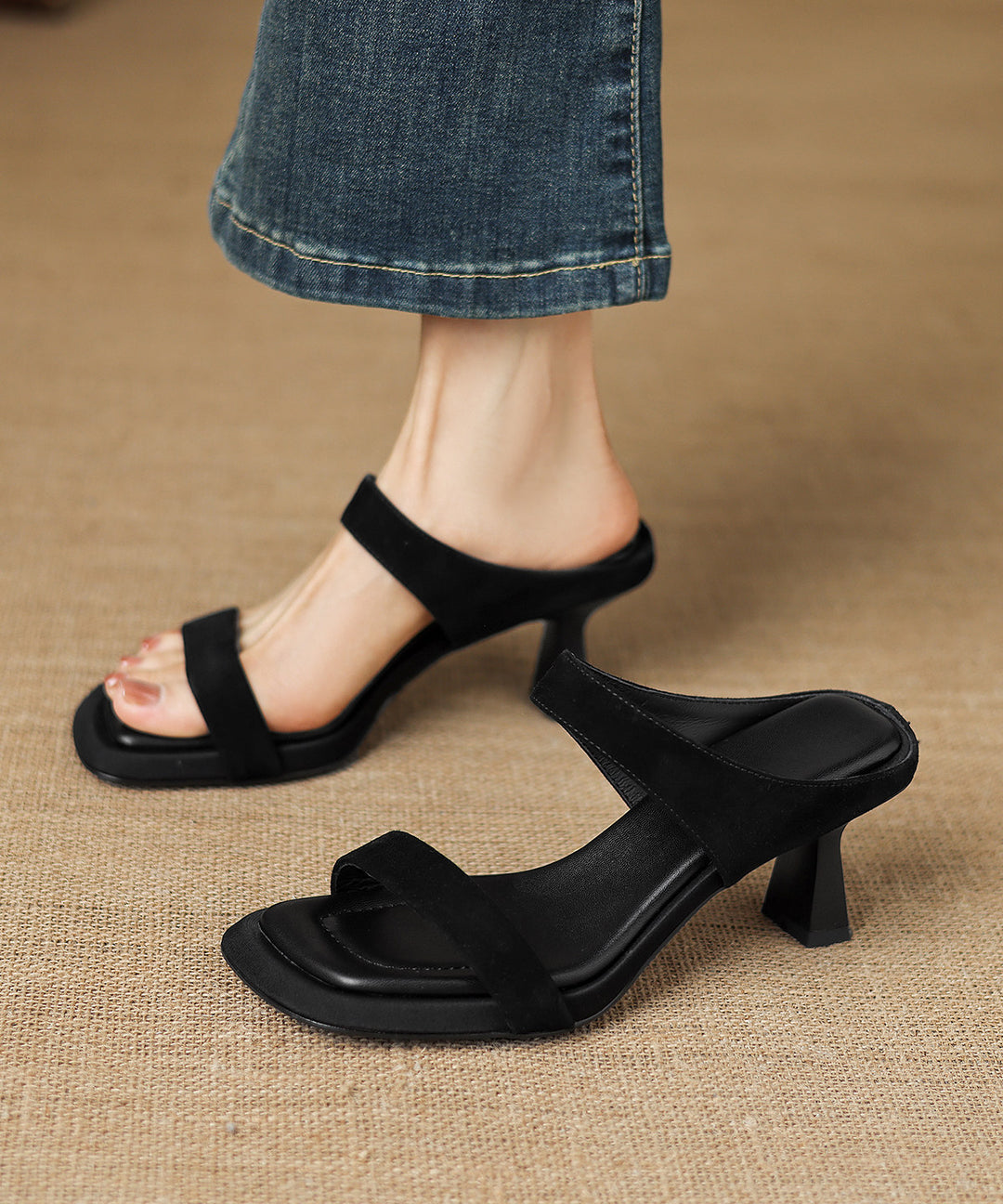 Black High Heel Suede Classy Splicing Slide Sandals