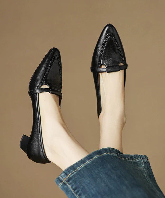 Black High Heels Chunky Genuine Leather Women High Heels
