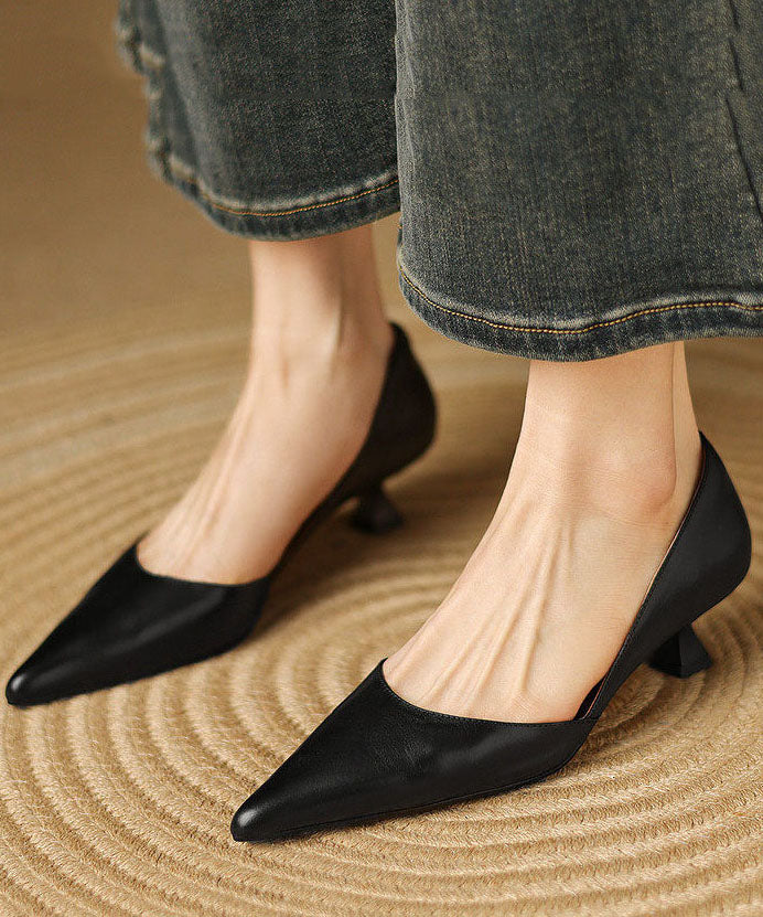Black High Heels Kitten Cowhide Leather Handmade Pointed Toe High Heels