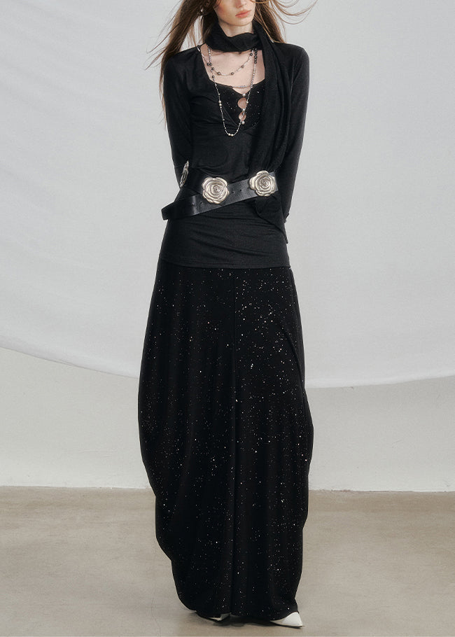 Black High Waist Solid Cotton Two Pieces Set Hollow Out
