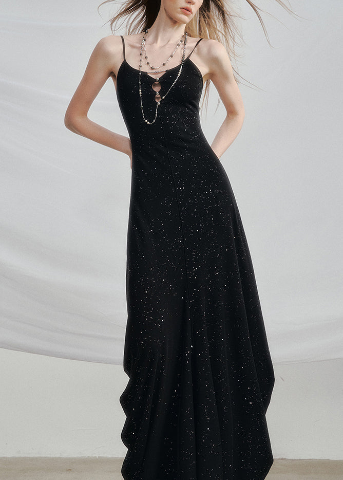 Black High Waist Solid Cotton Two Pieces Set Hollow Out