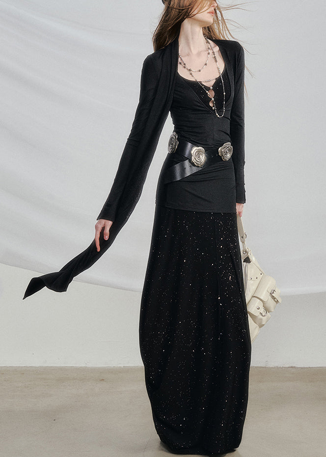 Black High Waist Solid Cotton Two Pieces Set Hollow Out